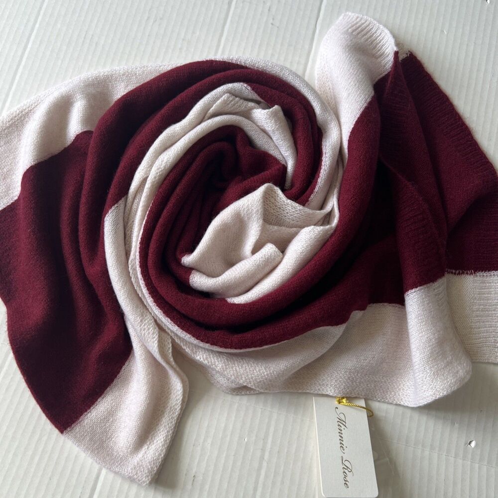 Minnie Rose Unisex 100% Cashmere Color Blocked Sport Scarf Burgundy/White NWT